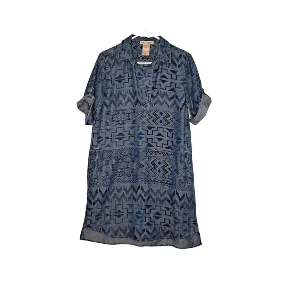 Philosophy Tribal Print Denim Style Short Sleeve Dress Aztec Blue Small